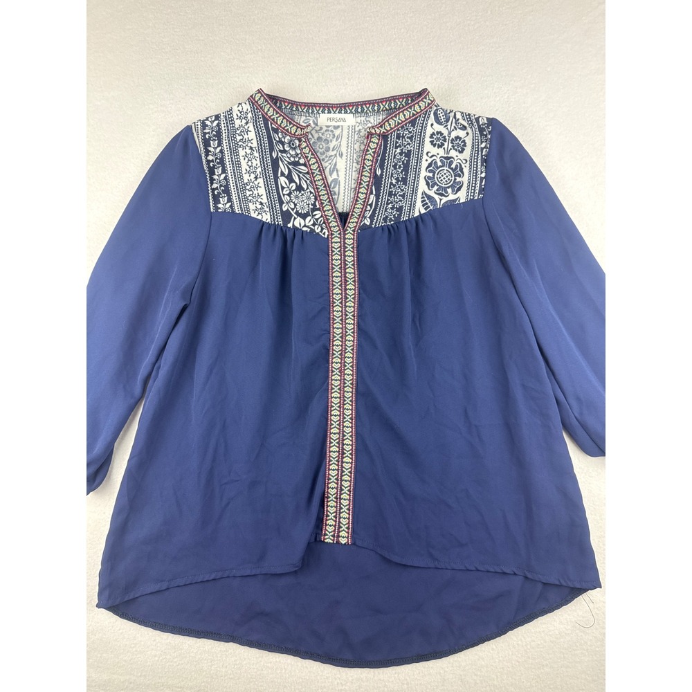 Persaya Womens Navy Blue Floral Print Yoke Embroidered Boho Peasant Blouse Small